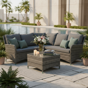 Contemporary <b>Outdoor</b> <b>Rattan</b> <b>Sofa</b> Set with Glass Top Table Waterproof Gray Cushions for Garden Patio Deck - Product Image 4