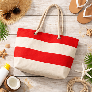 Bolsa de Playa Tipo Tote a Rayas Rojas y Blancas para Mujer, en Oferta |   Bolsa de compras duradera y elegante con cierre de cordón de yute y asa de mano - Product Image 4