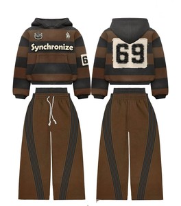 Custom Tracksuit OEM ODM Manufacturer 100% Cotton Acid Wash Double Layer Rhinestone Hoodies and Wide Double Waist <b>Sweatpants</b> <b>Set</b> - Product Image 4