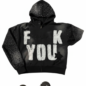 Sudadera con capucha y cremallera para hombre, de corte perfecto, el mejor material, extragrande, con efecto desgastado por el sol, con logo aplicado y pedrería en toda la prenda. - Product Image 1