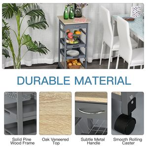Chariot de cuisine roulant gris moderne avec plateau coulissant, panier réglable, matériaux durables en métal, plastique, bois, MDF et fer - Product Image 6