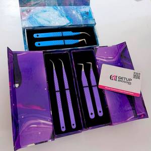 Pince à cils violette et bleue, revêtement poudré, personnalisée, avec boîte à double compartiment, 90 unités, longueur 45 mm, courbure 45, pointe lisse argentée - Product Image 4