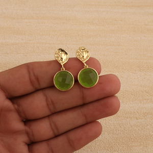 Prehnite Gemstone Hammered Textured Round Cut Gold Plated Brass Drop <b>Earrings</b> Trendy for Women <b>Small</b> Gift Ideas - Product Image 4