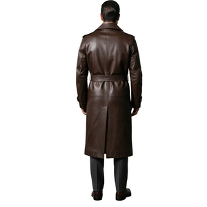 Manteau long en cuir véritable marron pour homme, col à revers, double boutonnage, avec ceinture, manches régulières - Product Image 2