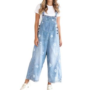 Custom Brown Denim Dungarees <b>Women</b> Floral Embroidery Wide Leg Bib <b>Overall</b> Jumpsuit Streetwear Style Private Label - Product Image 4