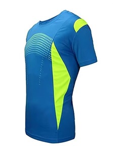 T-shirt en tricot à manches courtes pour homme, coupe ajustée, col rond, uni, décontracté, coton, élasthanne/polyester, séchage rapide, bleu, vert fluo, sublimation - Product Image 3