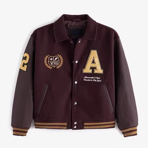 แจ็คเก็ตเบสบอล บอมเบอร์ เลตเตอร์แมน วาร์ซิตี้ แขนหนัง ตัวเสื้อผ้าขนสัตว์ ปักลายเชนีลคุณภาพสูง ผลิตตามสั่งสำหรับผู้ชาย ขายส่งแบบ OEM - Product Image 1