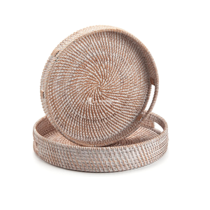 Plateau de service rond en rotin blanc avec poignées, fait main pour la décoration intérieure, le rangement et la vente en gros - Product Image 4