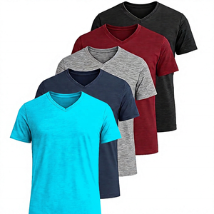 เสื้อยืดคอกลมแขนสั้นผู้ชาย สีพื้น ทรงปกติ ผ้าถักผสมฝ้ายลำลอง แพ็ค 5 ตัว สีเขียวอมฟ้า กรมท่า เทา แดง ดำ - Product Image 4
