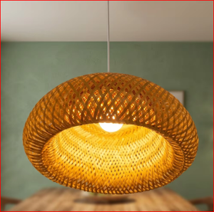 Pantalla de Lámpara Colgante Redonda Tejida a Mano de Bambú, Color Beige Natural y Caqui Oscuro, Moderna - Product Image 4