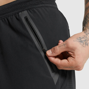 Shorts de sport noirs pour hommes avec poches zippées, séchage rapide, taille élastique, couleur unie, pour fitness, course et entraînement - Product Image 6