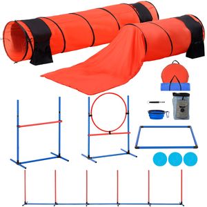 Ensemble d'équipement d'agility pour chiens 7 pièces, version améliorée, avec obstacles réglables en hauteur, 6 poteaux de maniuvres, 2 tunnels, anneau de saut, boîte de pause et sifflet - Product Image 1