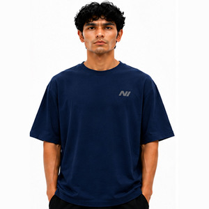 Camiseta Casual Oversize de Manga Corta para Hombre, 450 GSM, Azul Marino, 100% Algodón, Cuello Redondo, Tejido Jersey de Color Sólido - Product Image 5