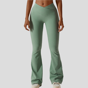 <b>High</b> <b>Waist</b> <b>Flared</b> Leg Yoga <b>Leggings</b> Full Length Solid Light Blue Spandex Nylon Seamless Four-Way Stretch Elastic <b>Waist</b> - Product Image 6