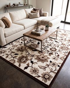 Tapis floral écologique DECORDEC en laine marron ivoire, grand motif de fleurs et de vigne, tapis beige à motifs botaniques pour salon - Product Image 3