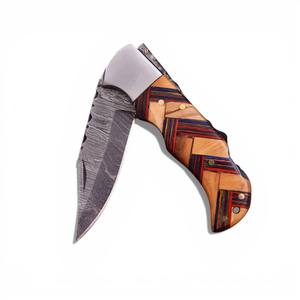 Couteau pliant à pointe tombante en acier Damas forgé à la main, 256 couches, ouverture coulissante, épaisseur 2,5 mm, longueur totale 7,5 pouces, manche en bois d'olivier - Product Image 1
