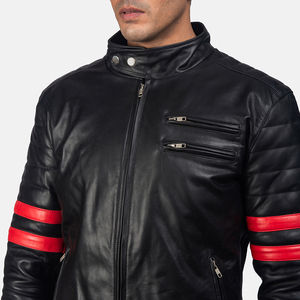 <b>Men</b> <b>Black</b> Genuine Leather Motorcycle Biker Jacket with Red Arm Stripe Stand Collar Slim Fit Fashion Riding Jacket OEM Service - Product Image 6