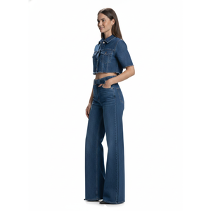 Conjunto de Jeans de Cintura Alta para Mujer, Corte Recto, Transpirables, Color Azul Denim, Ajuste Regular, Pantalones Largos con Bolsillos para Uso Casual de Verano - Product Image 4