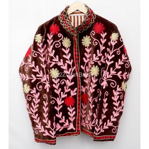 Velvet Floral Embroidered <b>Reversible</b> Breathable Eco-Friendly Mandarin Collar Full Sleeve Autumn Women's <b>Coat</b> Cotton Lining - Product Image 1