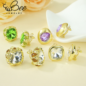 European Exquisite Crystal Statement Copper <b>Stud</b> <b>Earrings</b> 14k Gold Square Moissanite Color Stone <b>Earring</b> - Product Image 6