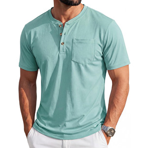Camisetas de hombre de manga corta, tipo Henley, de color sólido, algodón, corte regular informal, con bolsillo en el pecho, color verde menta, camisetas para hombre - Product Image 1