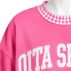 Mens Baby <b>Pink</b> Oversized Crewneck <b>Sweatshirt</b> With Gingham Check Collar And Cuffs Long Sleeve Graphic Pullover Casual Streetwear - Product Image 5