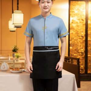Camisa de Uniforme para Camarera de Manga Corta Azul Claro para Mujer con Bordado Dorado y Delantal Negro para Uso en Restaurantes - Product Image 5
