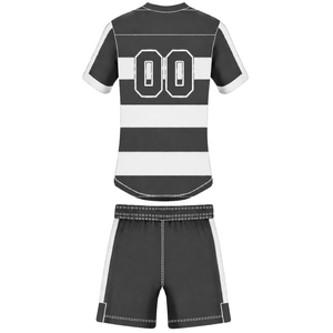 Ensemble uniforme de rugby noir et blanc à manches courtes, maillot de rugby rayé à col rond, short à cordon de serrage, vêtements de sport pour équipe athlétique - Product Image 2