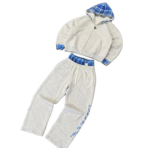 Ensemble de survêtement en coton personnalisé pour hommes, sweat-shirt à capuche à fermeture éclair à carreaux et pantalon de survêtement à double taille - Product Image 1