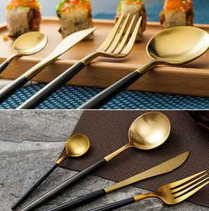 Ensemble de couverts en laiton doré avec revêtement noir Ensemble de 3 couteaux à cuillère Folk en acier miroir pour mariages événements utilisation sur table - Product Image 1