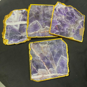 Amethyst Crystal Slice <b>Coaster</b> Polished Irregular Shape <b>Gold</b> Edged Home Decoration Feng Shui Stone Craft - Product Image 4