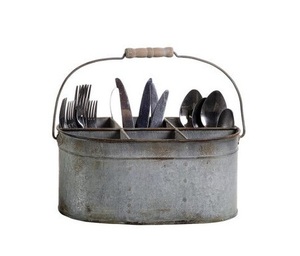 Organisateur de couverts en métal galvanisé avec poignée en bois, style ferme, pour ustensiles et condiments, idéal pour la cuisine et les réceptions - Product Image 3