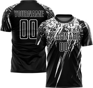 Maillot de football américain personnalisé imprimé par transfert thermique 100% polyester pour garçons, noir et blanc, nom et numéro de l'équipe, col rond, sans manches - Product Image 1