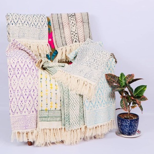 Floral Print <b>Indian</b> Handmade Hand Block Printed 100% Organic Cotton Eco-Friendly Soft <b>Throw</b> Modern Decorative Blanket Tassels - Product Image 6