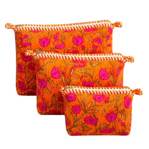 Bohemian Jaipur Block Print Cotton Quilted Cosmetic Bag Set <b>Orange</b> Pink Floral Soft Handle Multi Function Non Toxic Dyes Durable - Product Image 1