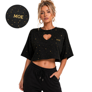 Blusa Corta Personalizada con Pedrería y Abertura en Forma de Corazón para Mujer, Camisa Oversize de Algodón Pesado con Detalles de Bordado Dorado, ODM - Product Image 1