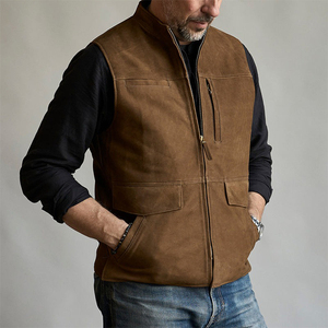 Gilet en toile marron pour homme, col montant, fermeture éclair, style décontracté, poches, longueur standard, respirant, idéal pour l'automne - Product Image 4