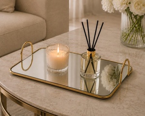 <b>Mirrored</b> Storage <b>Tray</b> With Gold Handles Rectangle Shape For Jewelry Display Modern Luxury Design Polished Finish Table Use - Product Image 4