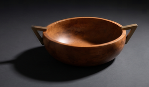 Walnut Finished <b>Mango</b> <b>Wood</b> Serving <b>Bowl</b> Round Salad <b>Bowl</b> with Modern Geometric Trapezoid Metal Side Handles - Product Image 2
