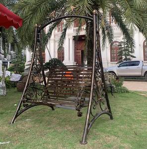Ornate Wrought Iron Swing - Antique Metal Hanging <b>Bench</b> <b>Seat</b> with Adjustable Chains for Elegant Outdoor Garden & Patio Decor - Product Image 2