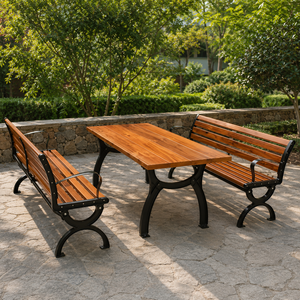Three Piece Outdoor <b>Garden</b> Furniture Set with Wooden <b>Table</b> <b>and</b> Two <b>Benches</b> Black Metal Frame for Patio Lawn Park <b>and</b> Seating - Product Image 2