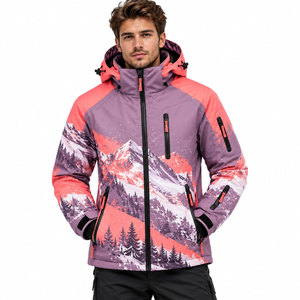 Chaqueta de esquí con capucha para hombre, impermeable, gruesa, con cremallera, estampado digital, diseño de montaña, chaqueta parka para esquí al aire libre - Product Image 2