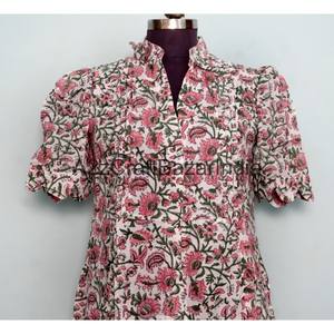 Vestido Midi de Mujer, Diseño Indio Hecho a Mano, 100% Algodón, Estampado Floral, Corte en A, Cuello en V, Mangas Cortas, Bolsillos, Decoración con Botones - Product Image 2