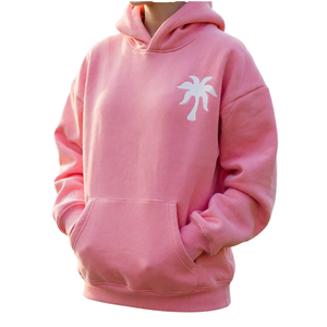 Sweat-shirt à capuche rose pour femme avec imprimé palmier blanc, sweat-shirt en molleton décontracté, longueur normale, 100% coton, vêtements d'automne - Product Image 1