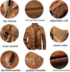 Chaqueta de Cuero PU Marrón para Hombre, Estilo Motero, Cuello Alto, Cierre de Cremallera, Corte Regular, Color Sólido, para Otoño - Product Image 4