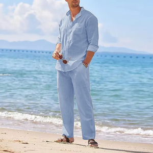 Conjunto Casual de Dos Piezas de Algodón y Lino para Hombre, Camisa de Manga Larga y Pantalón Largo de Color Sólido para Otoño, Traje Holgado para Vacaciones en la Playa - Product Image 5