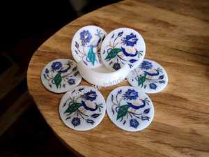 Sous-verres en marbre faits à la main avec incrustations, motif paon, ensemble de sous-verres pour thé et café, décoration de bureau - Product Image 3