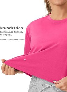 Camiseta Deportiva Corta para Mujer, Color Rosa Sólido, Cuello Redondo, Manga Corta, Tejido Transpirable, Estilo Casual - Product Image 3