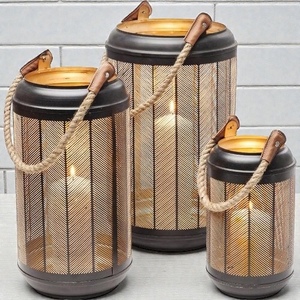 Cylinder Iron <b>Lantern</b> With Leaf Cutout Design For Home Decoration Portable Candle Holder <b>Set</b> - Product Image 3