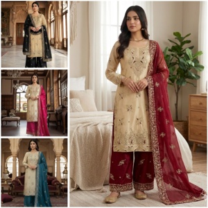 Presentamos la Nueva Colección de Diseñador Moderno GMY SILK, Conjunto de Salwar Kameez con Bordado Intenso de Secado Rápido, Top, Pantalón y Dupatta - Product Image 6